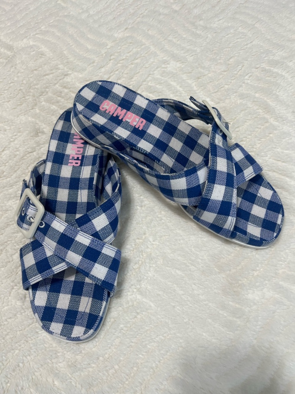 Camper Gingham Slide Sandals Sz 39 Blue White Check Buckle Slides EUC